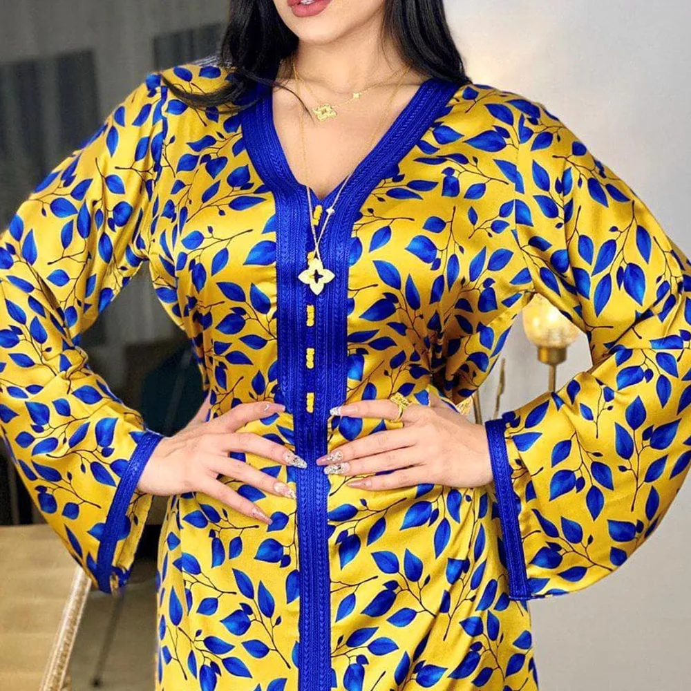 

Muslim Abaya Dubai Turkey Long Maxi Robe Femme Vestiods Plus Size Oversize Printing Splicing V-neck Long Sleeve India Ramadan