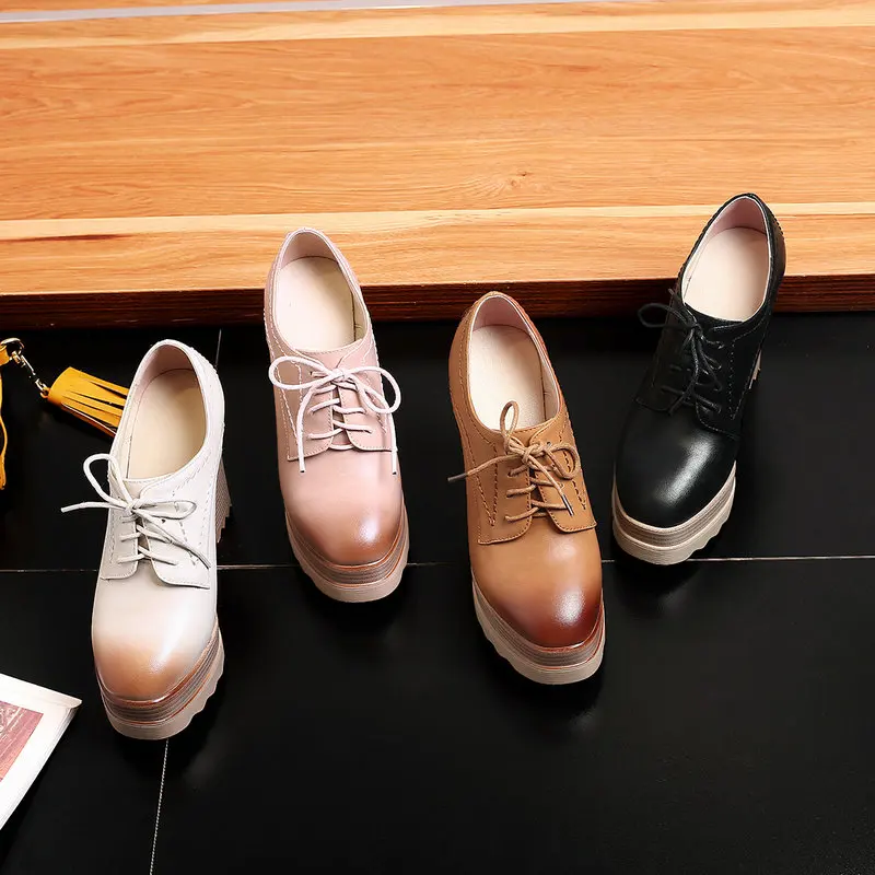 

2021 New Square High Heel Lace-up Casual Women Pumps Round Toe Fashion Platform Superfine Fiber Women's Shoes Big Size 34-42