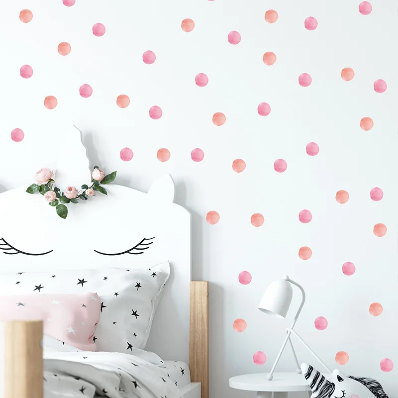 Watercolor Pink Polka Dots Wall Stickers Circles Hand Drawn Planets Wall Decals for Kids Room Baby Nursery Home Decoration PVC