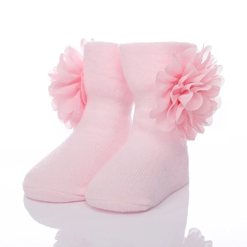 Pink Теплые детские носки для новорожденных девочек, подарок на полную луну, кружевные осенние носки с цветочным рисунком для маленьких девочек, хлопковые носки для пола из шифона, домашние тапочки - Цвет: Pink