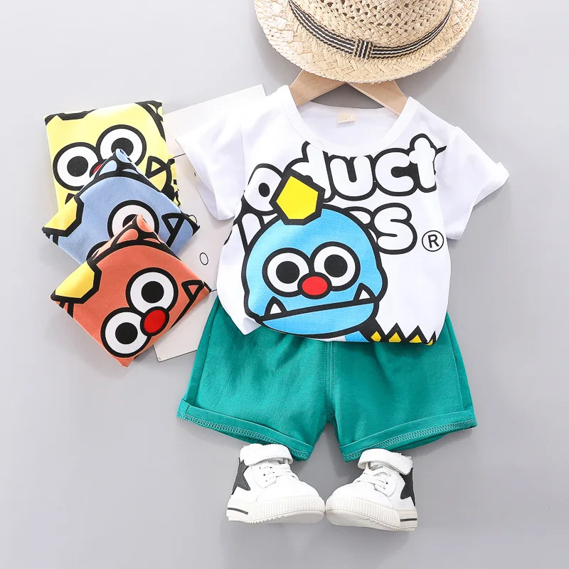 

New Baby Boy Clothes Set Kids Girls Summer Outfits Toddler Casual Clothing Sets Infant Cartoon T-shirt+Solid Shorts Sportsuits