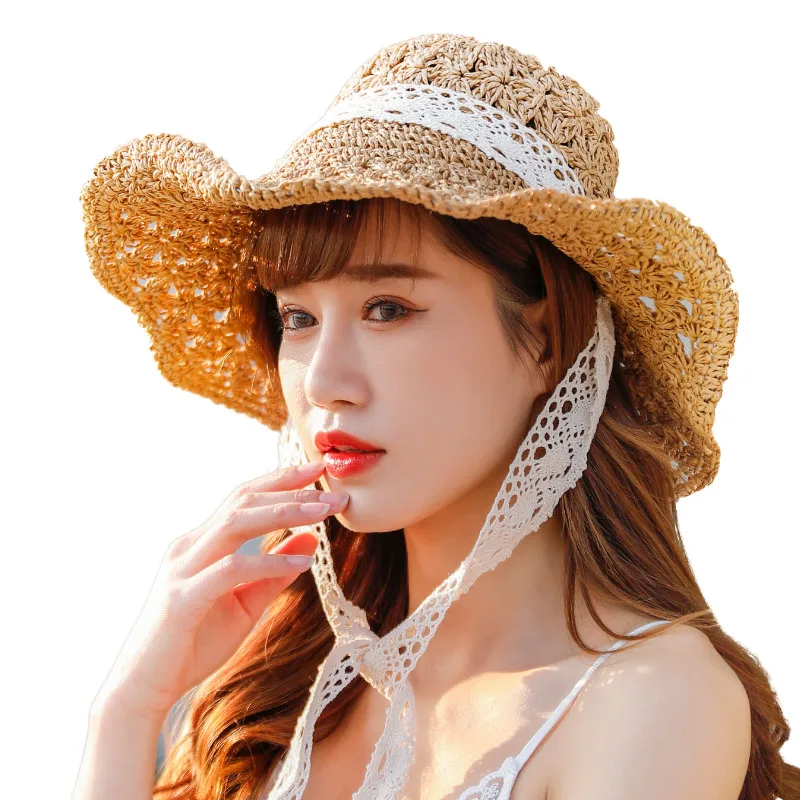 

2020 New Fashion Women Summer Large Brim Foldable Sun Hats Handmade Crochet Straw Beach Hat Sun Protection Hat Female