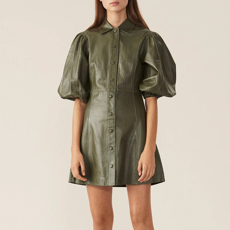 TWOTWINSTYLE Платье из искусственной кожи для женщин, воротник с лацканами, рукав-фонарик, высокая талия, мини платья для женщин, осень, большой размер, модная новинка