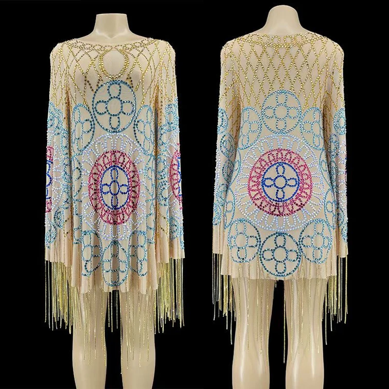 

Colorful Rhinestone Tassel Cloak Women Dancer Singer Performance Stage Costume Festival Birthday Party Dress Rave Outfit VDB4283