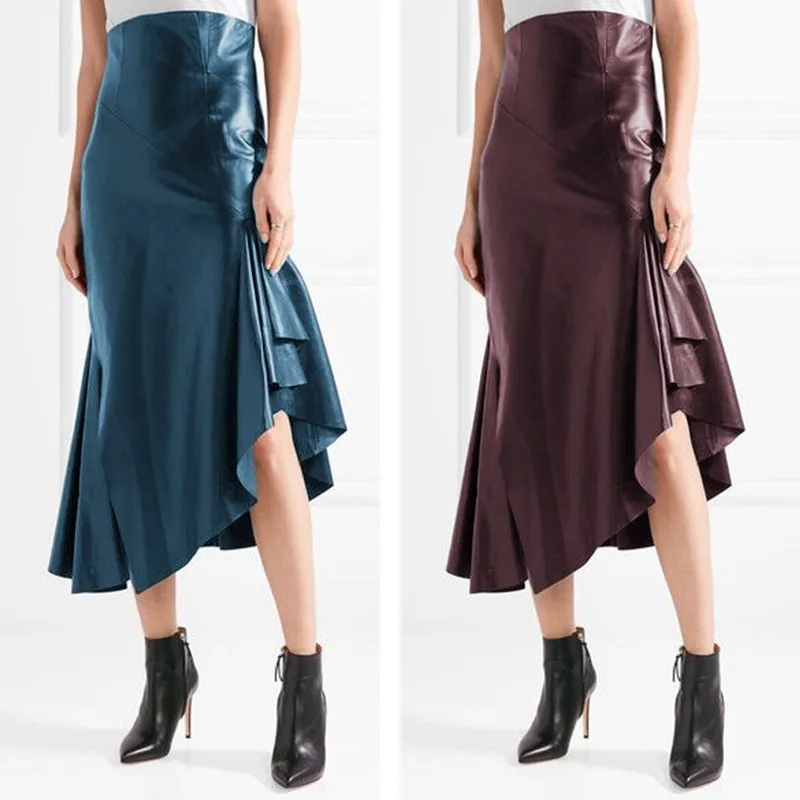 

2022 ZANZEA Elegant Irregular Skirts Women Faux Leather Mid-Calf Skirt Casual High Waist Vestido Female Bodycon Robe 7