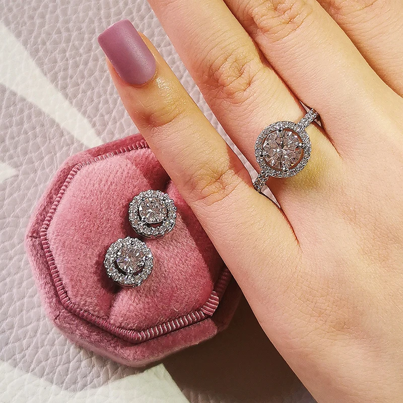 

2pcs Pack 925 Sterling Silver Jewelry set halo Engagement ring round stud earring for Wedding christmas gift party J416