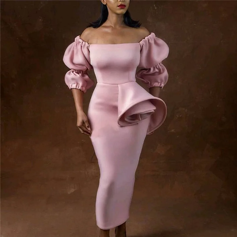 Off-the-shoulder wrapped chest waist dress new fashion party women's body banquet puff sleeves ruffled ladies African wome | Женская