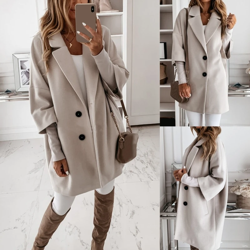 

Women 3/4 Sleeve Solid Color Faux Wool Coat Notched Lapel Buttons Loose Outerwear Basic Midi Long Jacket with Pockets