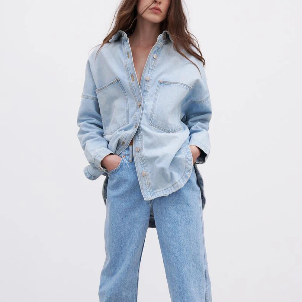 

Женская джинсовая рубашка с карманами Za, винтажная верхняя одежда с длинным рукавом, лацканами и защелками, 2020