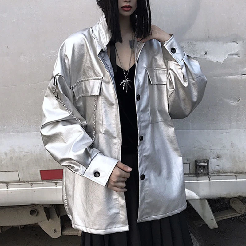 Женская свободная куртка из искусственной кожи Harajuku мягкая Серебряная кожаная