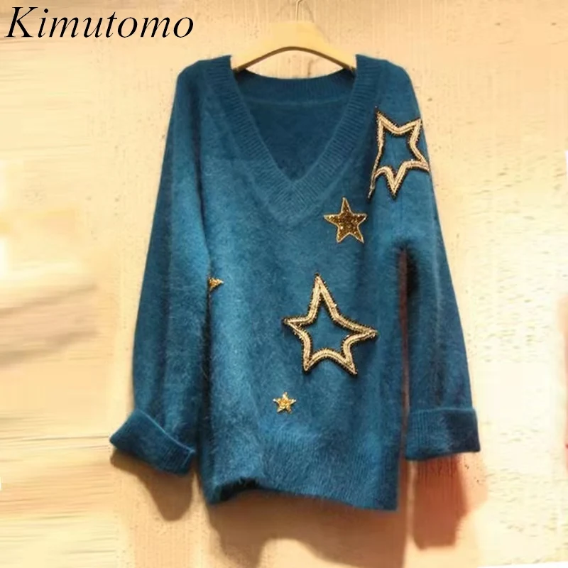 

Шикарный свитер Kimutomo, женский осенне-зимний новый корейский пуловер свободного покроя с V-образным вырезом и морскими коньками, универсальн...