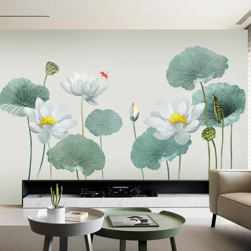 

Wall Stickers Aesthetic Living Room Decor Photo Wallpaper Lotus Leaf Lotus Self-adhesive Decorative Vinyl Bedroom Accessories