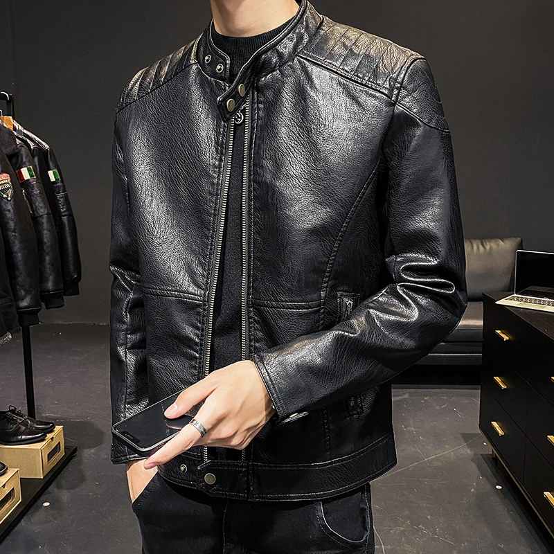 

Jacket leather men's short coat motorcycle bomber jacket men's slim fashion leather jacket QW359
