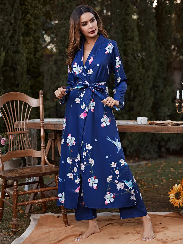 

Women's Animal Floral Print Long Nightgown Pant Night Robe Set Winter Sleepwear Ladies Bathrobe