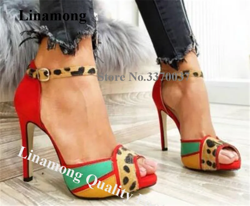 

Linamong Charming Colorful Patchwork Stiletto Heel Gladiator Sandals Red Blue Yellow Leopard Mixed-colors High Heel Sandals