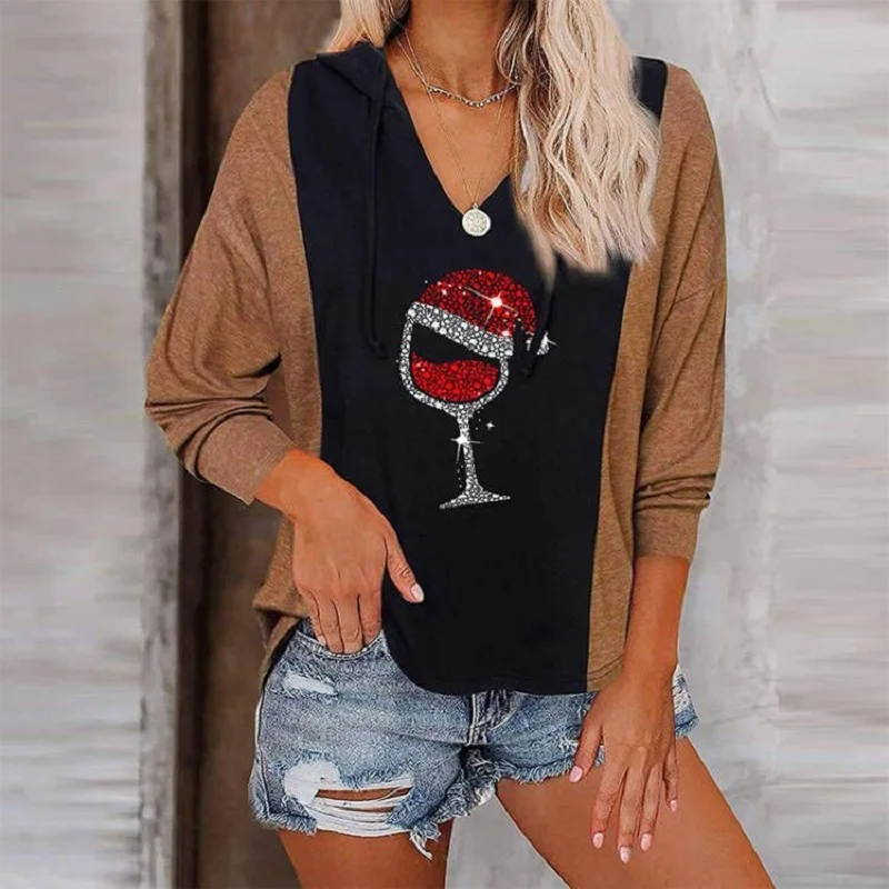 

Christmas Wine Glass Print Patchwork Hoodie Sweatshirt Women Elegant V Neck Plaid Pullover Tops Spring Autumn Loose Sexy Hoodies