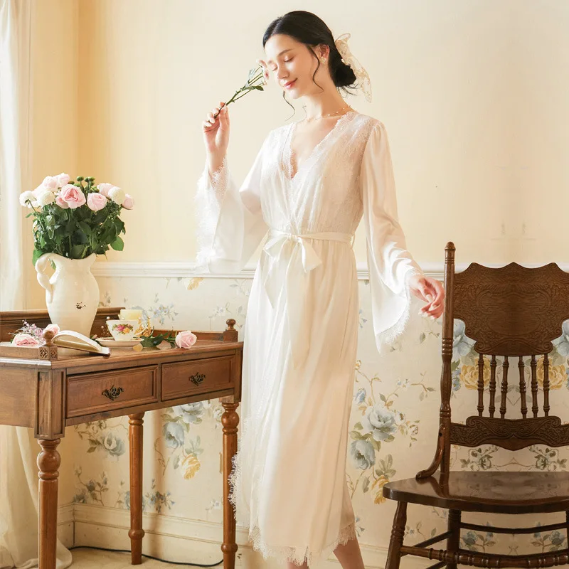 

Sexy Lace Robe Slim Sleepdress Set Long sleeve Noble Palace Princess Nightgown Silk Bathrobe Female Luxury Women's Home Clothes