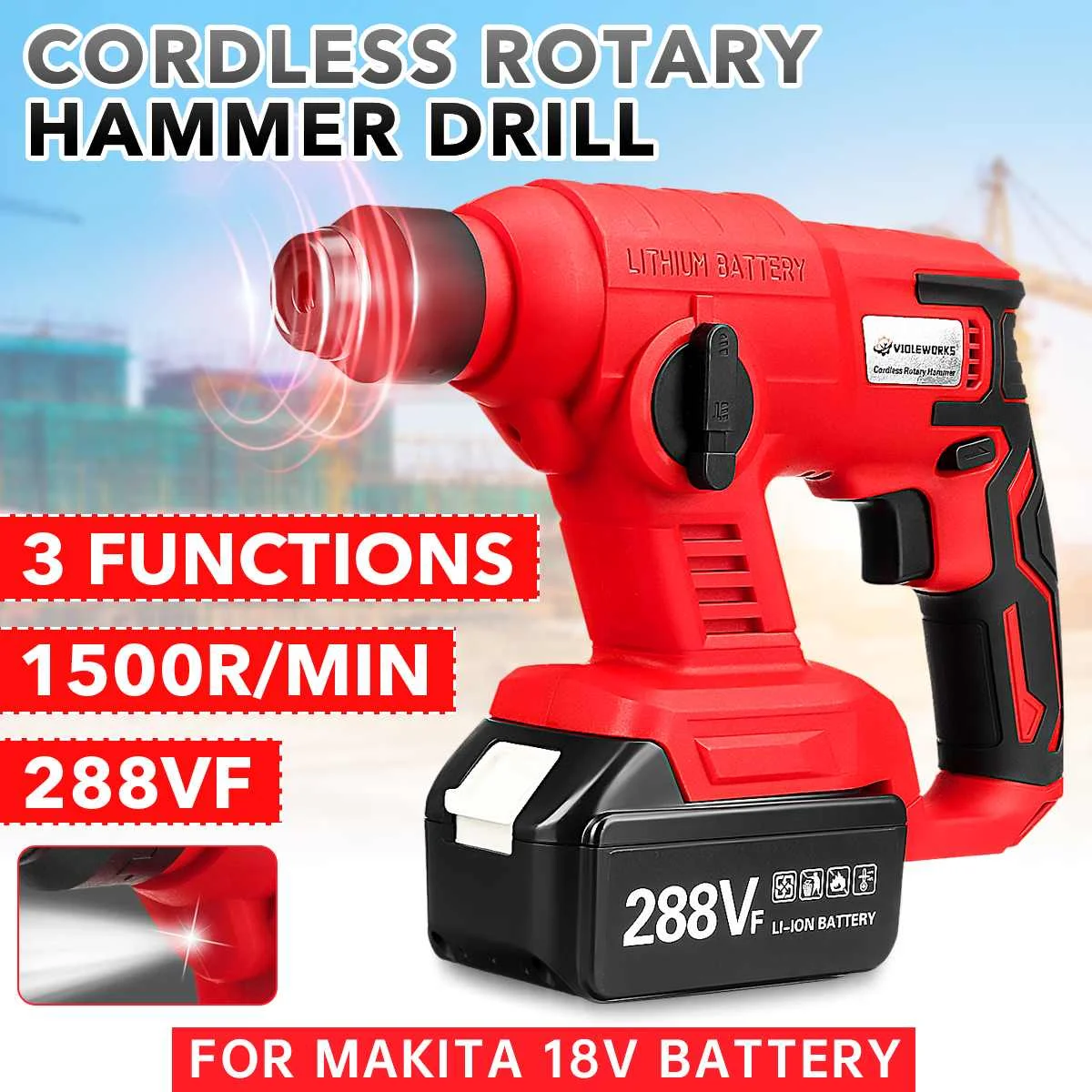 

3 In 1 Rechargeable Electric Impact Drill Rotary Hammer Brushles Cordless Hammer Electric Drill Tool for 18V Makita Battery