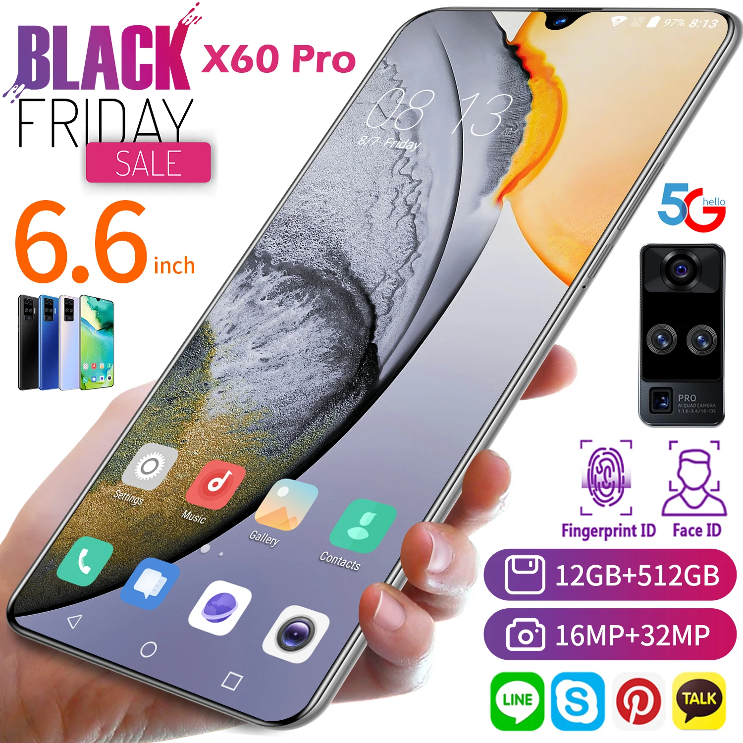 Tel&eacute;fono Inteligente X60 Pro, versi&oacute;n Global, Snapdragon 865, Quad C&Aacute;MARA DE 32MP, 6,6 pulgadas, 512GB + 12GB, 5000mAh, Android 10,0, 5G, LTE-0