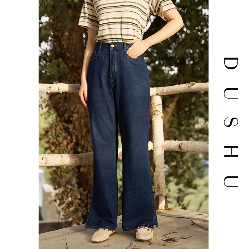 

DUSHU Plus Size 100% Cotton Women's Personalized Side Split Dark Blue Jeans Summer 2021 New Wide Leg Straight Pants Woman Pants