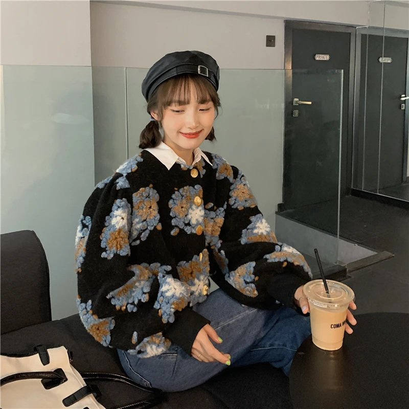 Woolen Cardigan Jacket Sweater Vintage 3D Flowers Women 2021 Autumn Winter Coat Korean Thick Warm O-Neck Jackets Knitwear Tops