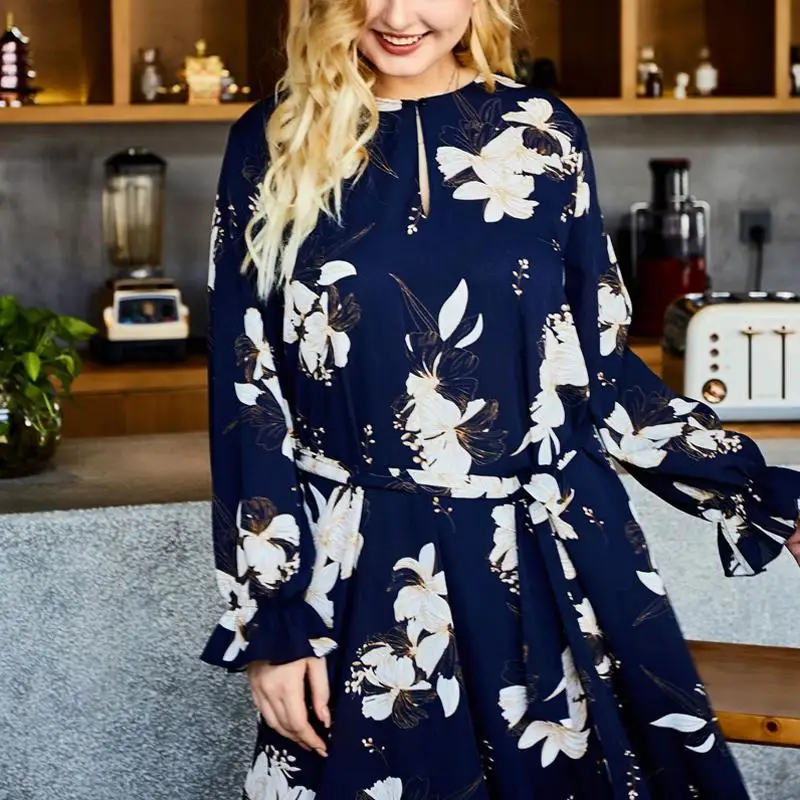 2019 осень размера плюс для женщин Цветочный принт платье повседневное длинное в