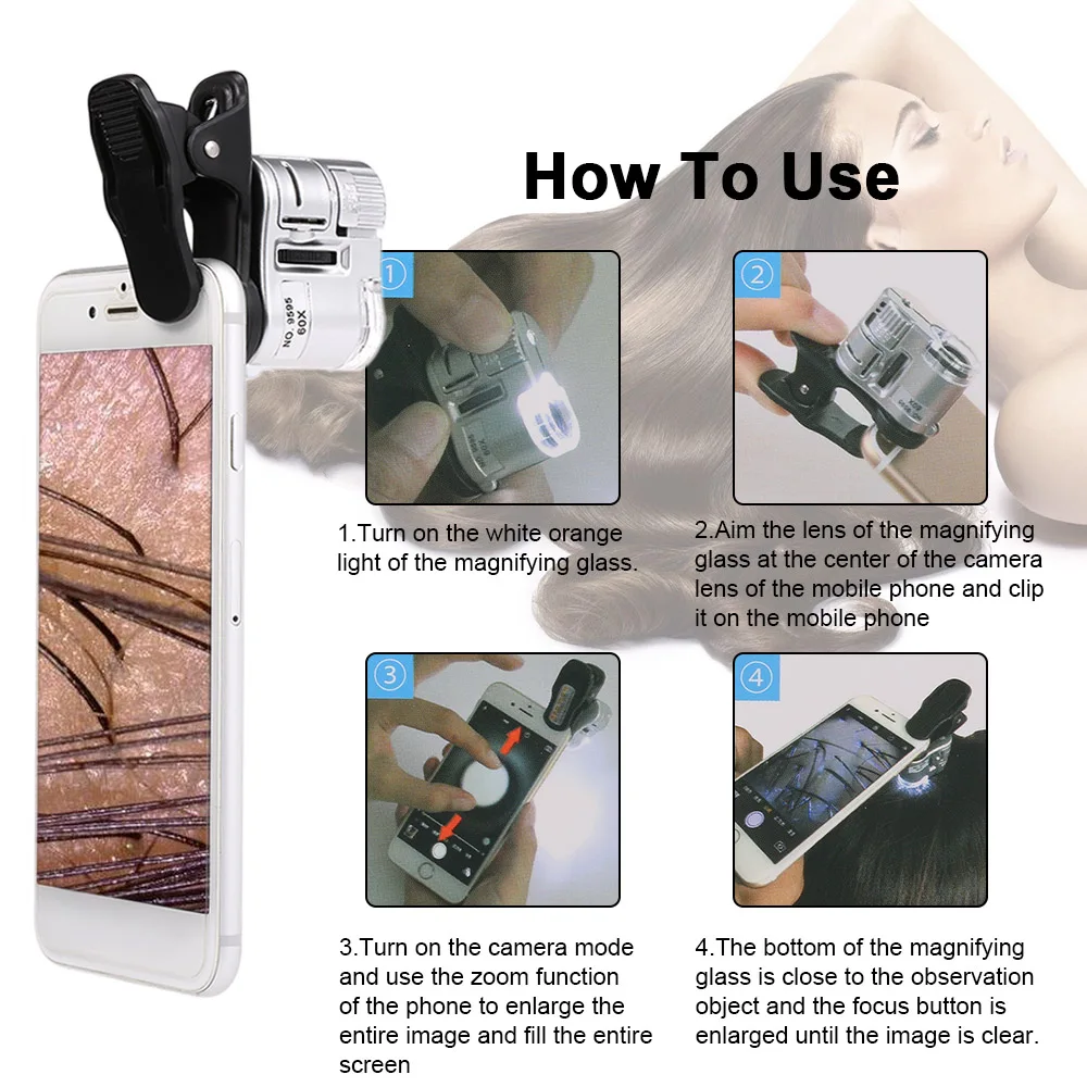 Портативный светодиодный цифровой 60X микроскоп волосы кожа головы Лупа детектор