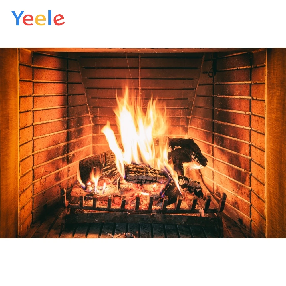 Фон для фотосъемки с изображением черного кирпича камина огней и дров