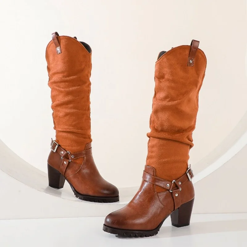 

Large Size Winter New Mid-tube Boots Thick Heel Round Toe Cross Strap Warm Women's Shoes X020-1