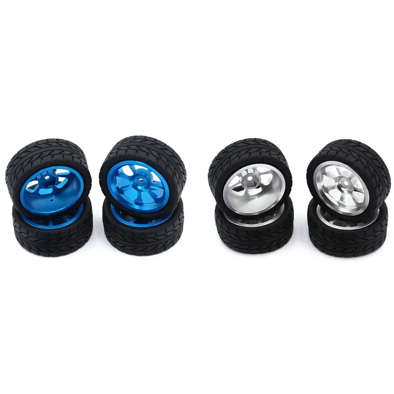 

2set 65mm Metal Wheel Rim + High Grip Rubber Tires Tyres for Wltoys 144001 A959 A959-B 124019 124018 Silver & Blue