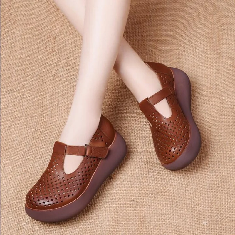 Women Flat Platform Shoes Wedges Ladies Shoes 2020 Summer Hollow Style Sandals Handmade Genuine Leather Comfortable Casual Shoes