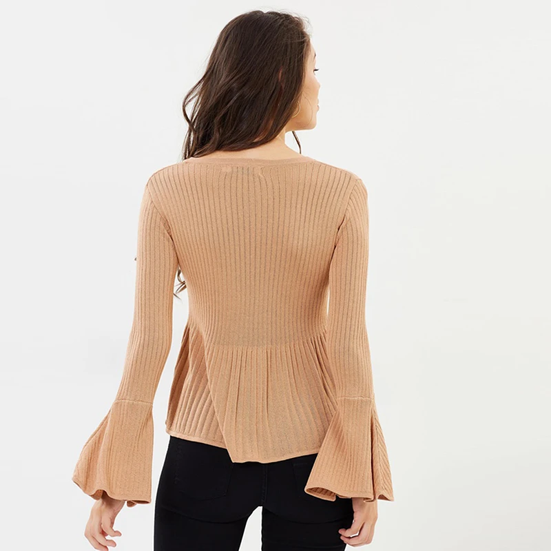 HYH HAOYIHUI 2019 Euro-American style simple pure-color bell sleeve bottom early autumn round collar Pullover knitted shirt | Женская