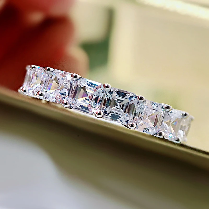 

925 Sterling Silver 1 Row 4MM Square High Carbon Diamond Wedding Rings For Women Sparkling Party Fine Jewelry Gifts