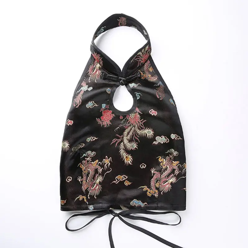 

Womens Chinese Style Halter Sleeveless Crop Top Dragon Embroidery Backless Vest