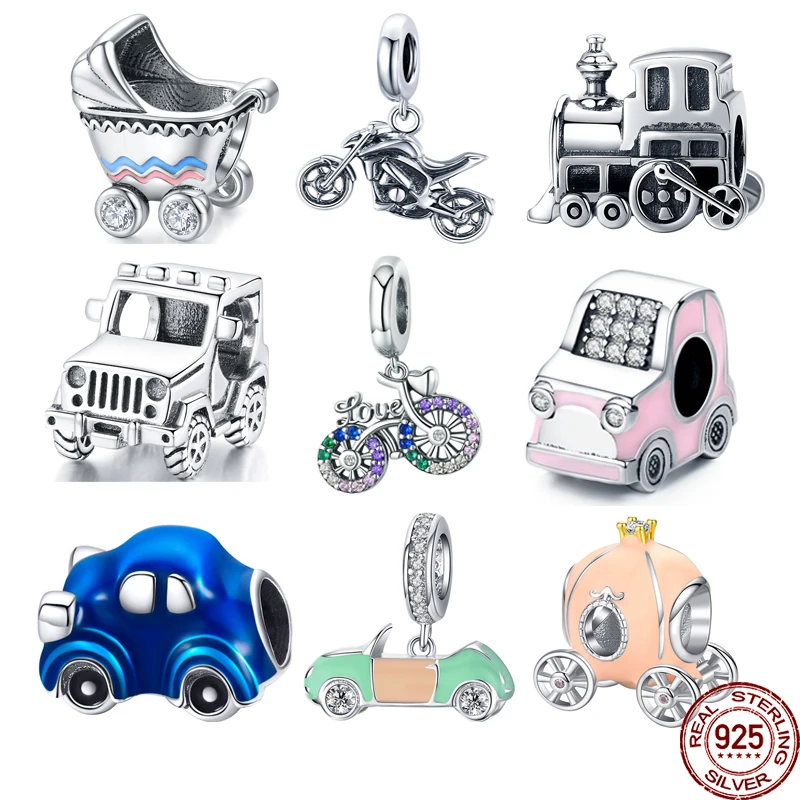 

WOSTU Car Bicycle Charm 925 Sterling Silver Baby Car Bead Car Zirconia Enamel Pendant Fit Original Bracelet DIY Jewelry
