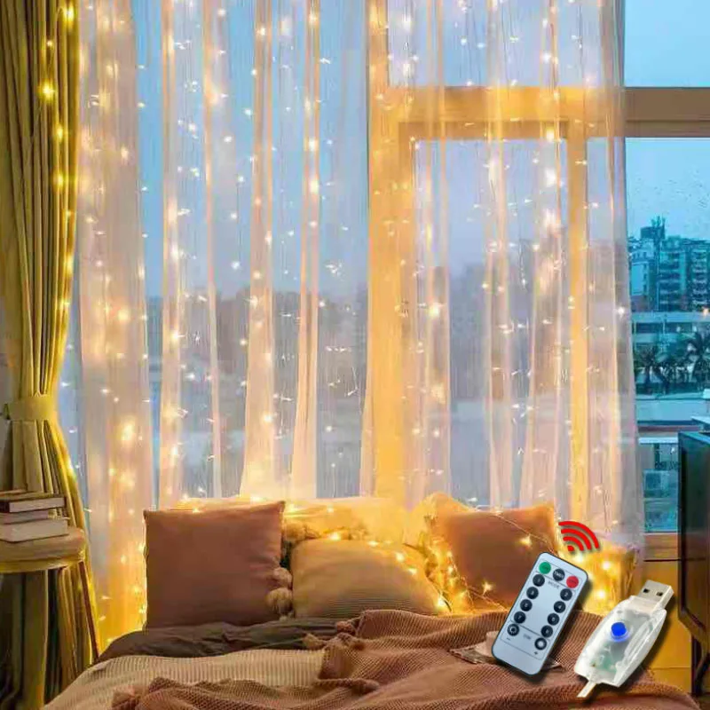 

3*3m LED Fairy Lights Garland Curtain Lamp Remote Control USB String Light for New Year Christmas Home Bedroom Window Decoration