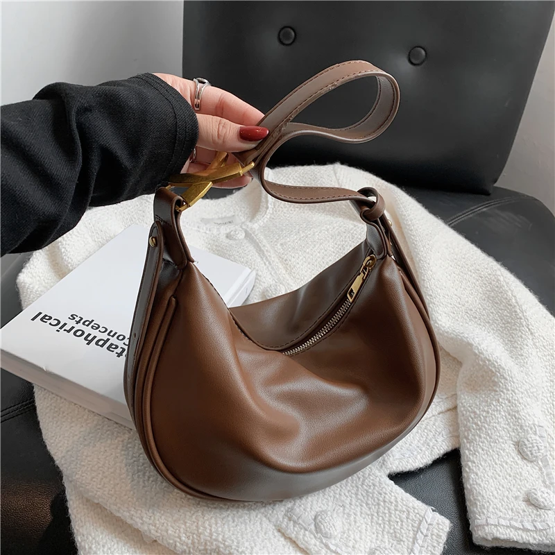 

Trendy Retro Half Moon Hobo Shoulder Crossbody Bags For Women Solid Color Soft PU Leather Ladies Handbags And Purses 2021 Winter
