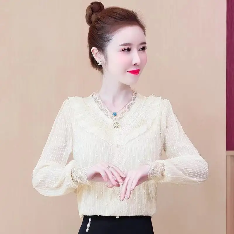 

Женская кружевная блузка, рубашка с длинным рукавом, весна-осень, 2022
