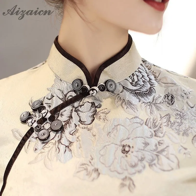 Высококлассное жаккардовое переплетение Cheongsam китайское модное китайское традиционное платье Qi Pao Восточный стиль платья с вышивкой Qipao зима
