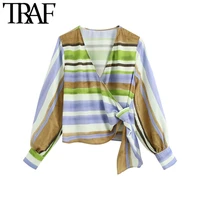traf women fashion crossover striped wrap cropped blouses vintage long sleeve side bow tied female shirts chic tops