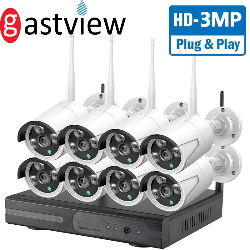 8CH 3MP HDMI WiFi NVR наборы 8 шт 3.0MP ИК Открытый всепогодный CCTV Беспроводная IP камера