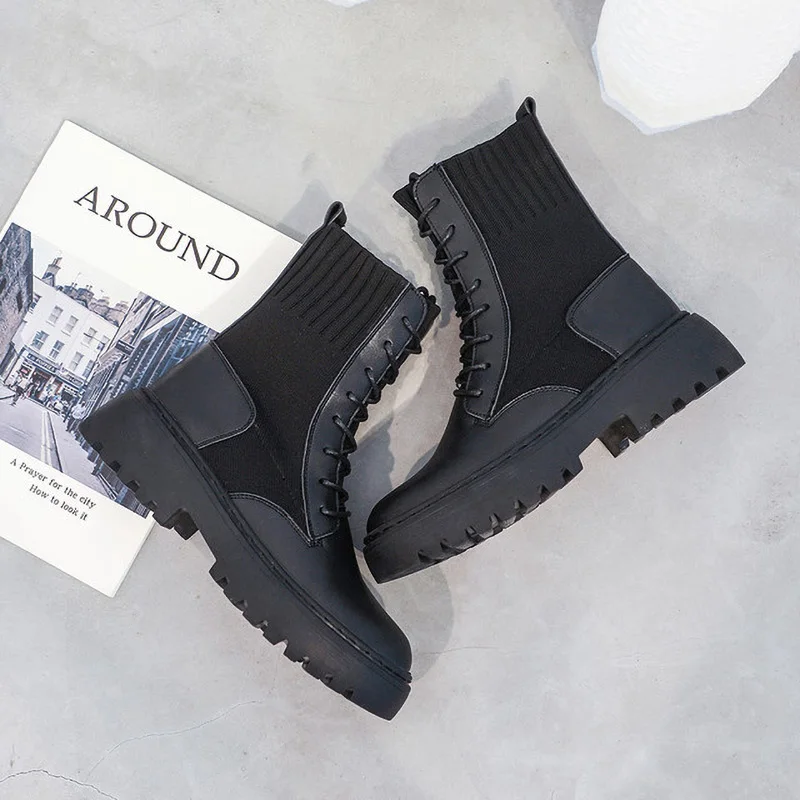 Boots Women's Short Boot Fur Women Casual Martin Autumn And Winter Socks Large Size Middle Tube Spring Black Shoes | Обувь