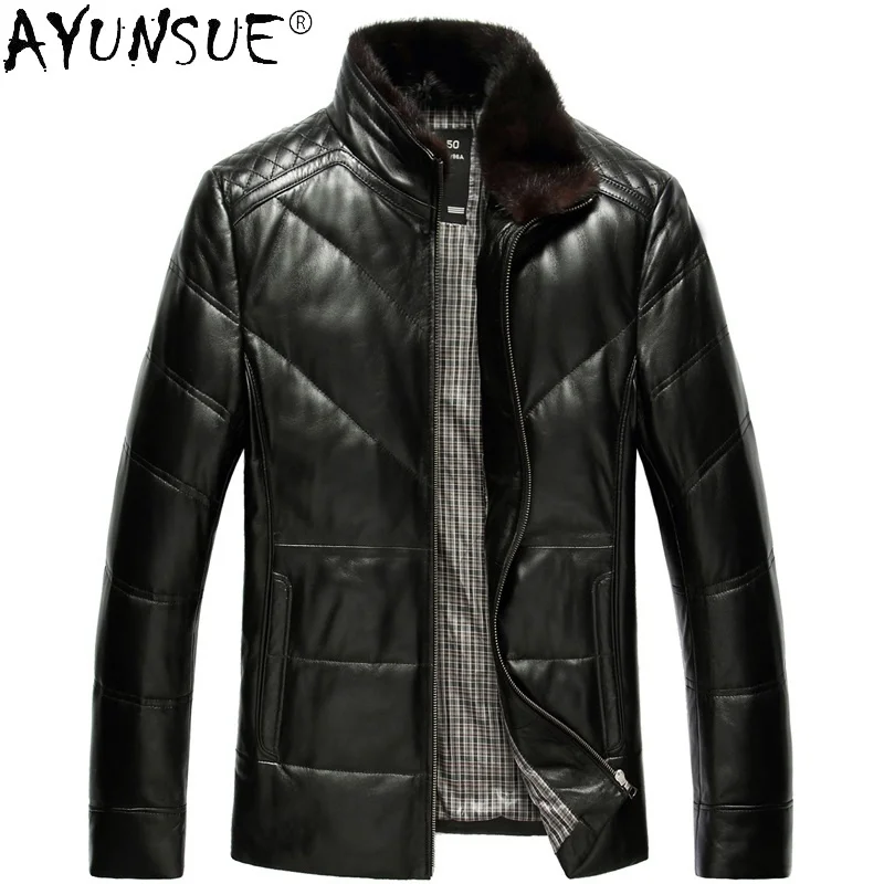 Куртка мужская из натуральной кожи пуховик с воротником меха норки и овчины