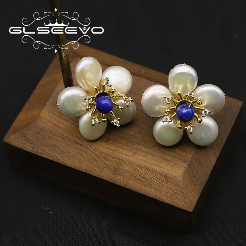 Glseevo 925 Стерлинговое серебро Ляпис лазули Цветок Барокко Натуральная пресноводная жемчужина Студская серьга для женщин Ювелирное изделие Ge0598 On.
