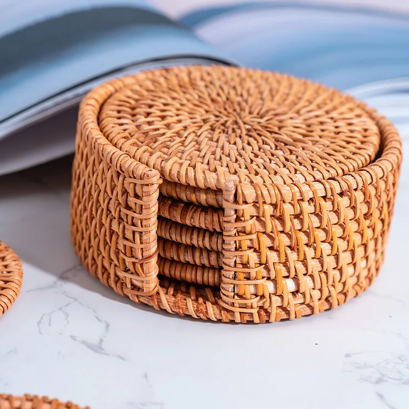 6PC Round Natural Rattan Coasters Bowl Pad Handmade Padding Cup Mats Anti Scald Placemats Table Kitchen Decoration Accessories - купить по