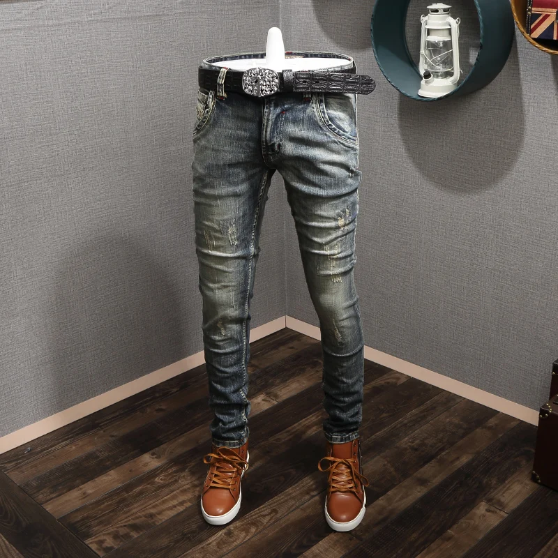 European American Vintage Fashion Men Jeans High Quality Retro Slim Fit Ripped Jeans Men Distressed Designer Cotton Denim Pants