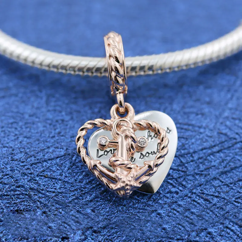 

925 Sterling Silver Rope Heart & Love Anchor Dangle Charm Bead Fits All European Pandora Jewelry Bracelets Necklaces