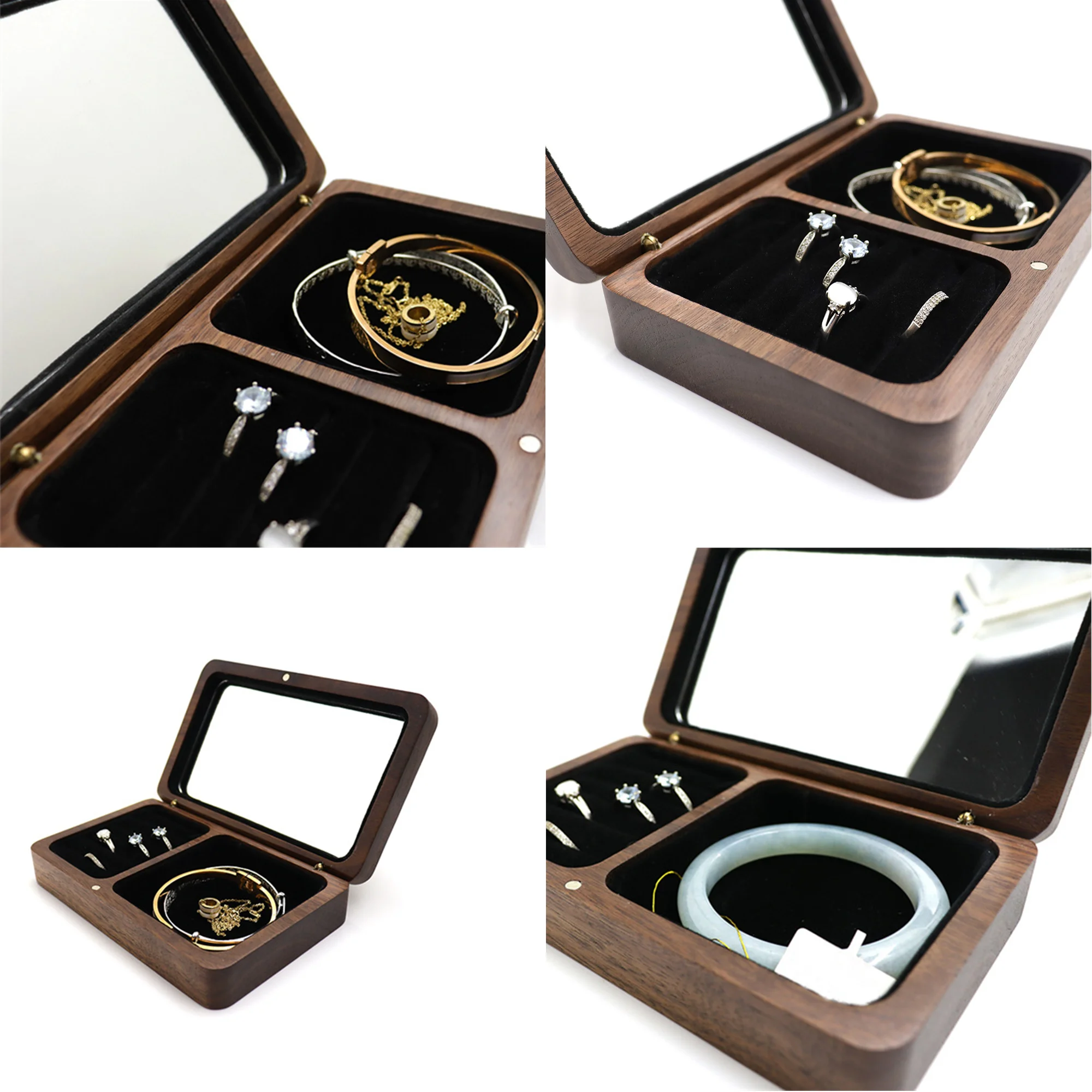 Retro Black Walnut Jewelry Box Organizer Personalised Name Date Handmade Jewelry Storage Earring Holder Gifts With Makeup Mirror