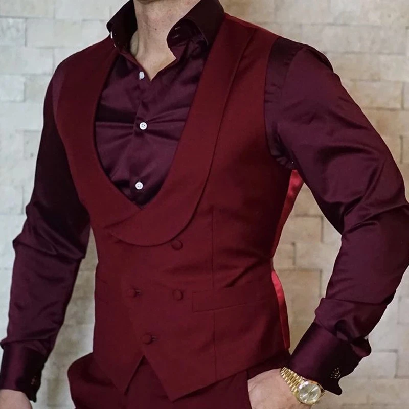 

Mens Vest Shawl Lapel Double Breasted One Piece Burgundy For Casual Waistcoat Wedding Groomsmen Tuxedo Male Fashion Vests