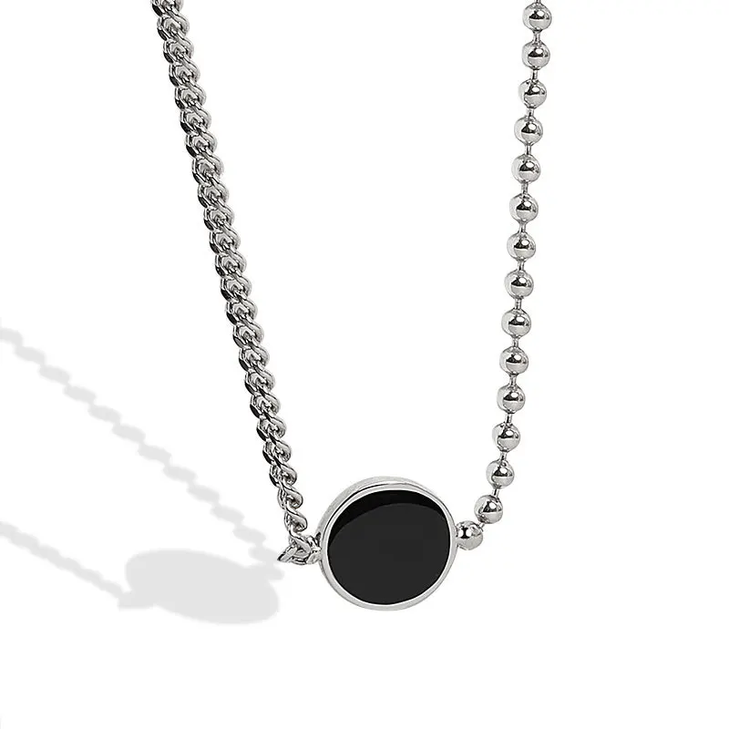 

Retro Black Drip Glaze Round Pendant Necklace For Women 925 Sterling Silver Asymmetric Chain Female Vintage Jewelry